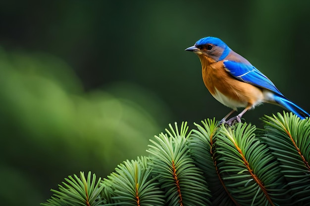 A blue bird sits on a pine branch.