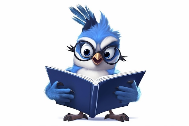 a blue bird wearing glasses reading a book