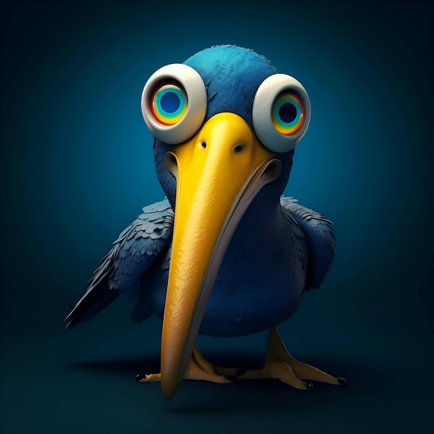 Blue bird with big eyes on a blue background 3d illustration