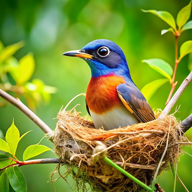 a blue bird with a blue and orange breast sits in a nest cute colorful nesting bird in nature