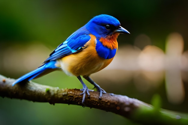 A blue bird with a bright orange belly sits on a branch.