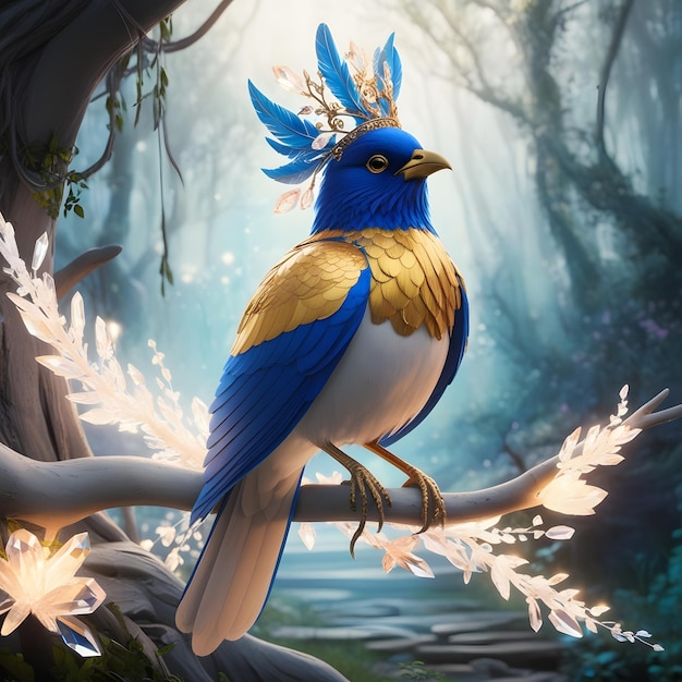 a blue bird with a gold feather on its head sits on a branch