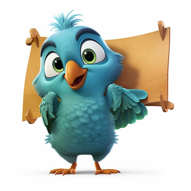 a blue bird with green eyes holds a piece of paper