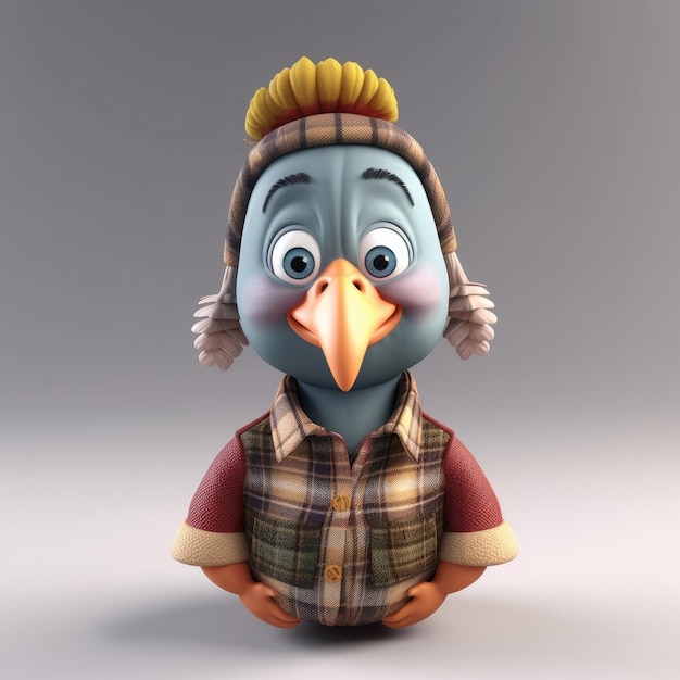 A blue bird with a plaid shirt and a plaid shirt that says'i'm a chicken '