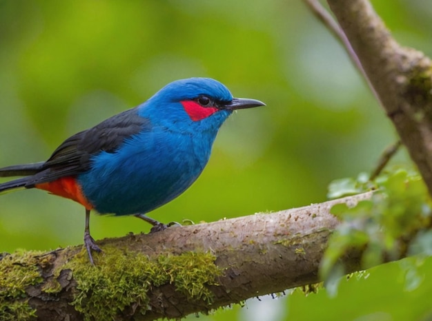 a blue bird with red and black feathers sits on a branch