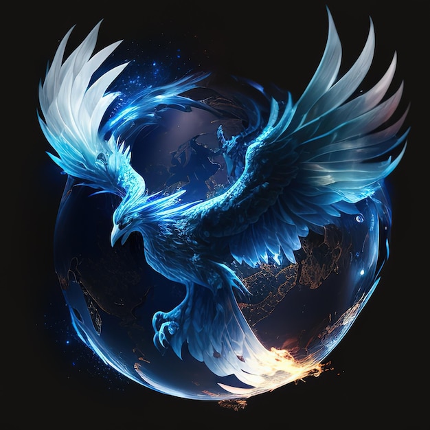 A blue bird with white wings is flying in the dark