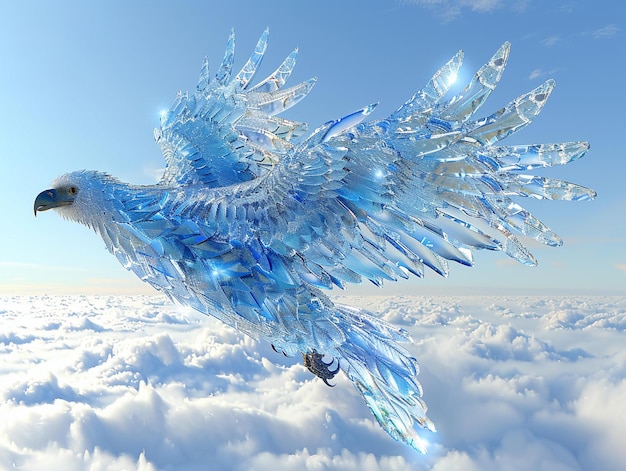 a blue bird with wings that is flying in the sky