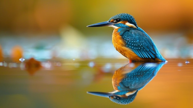 a blue bird with a yellow beak is reflected in a water surface