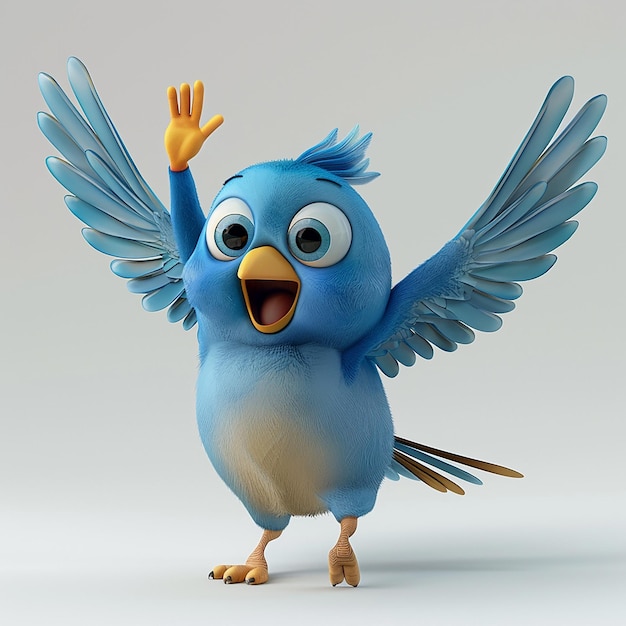 a blue bird with a yellow hand raised up