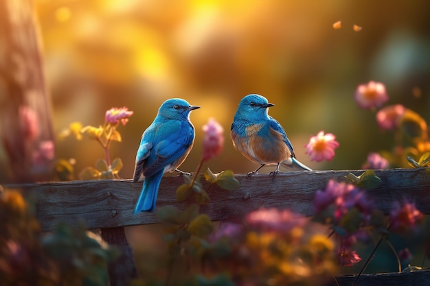 blue birds couple on a wood farm fence with many colorful mix of flowers near fence