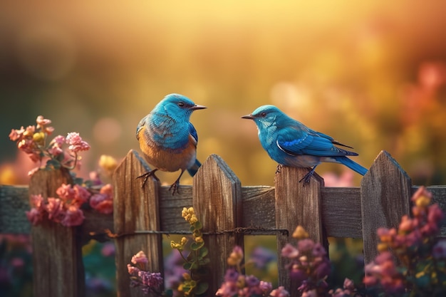 blue birds couple on a wood farm fence with many colorful mix of flowers near fence