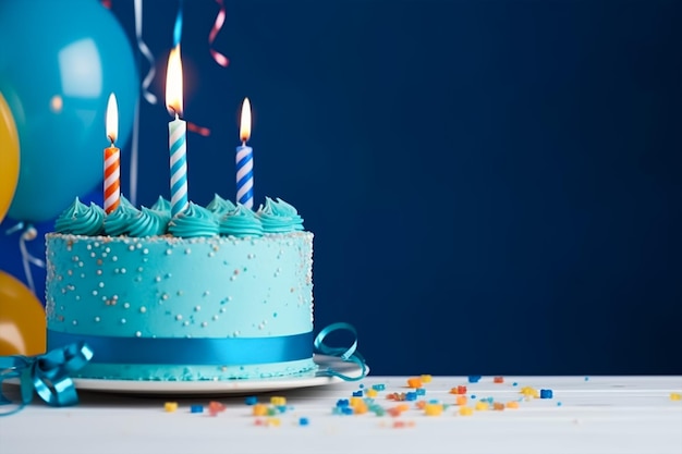 A blue birthday cake with candles on it copy space