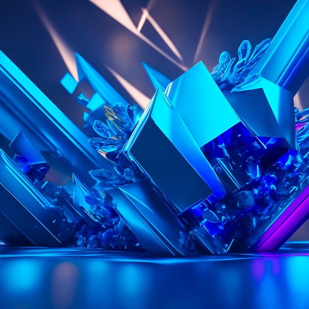 A blue and black background with a bunch of cubes and a blue 3D background