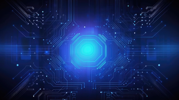 A blue and black background with a circuit board