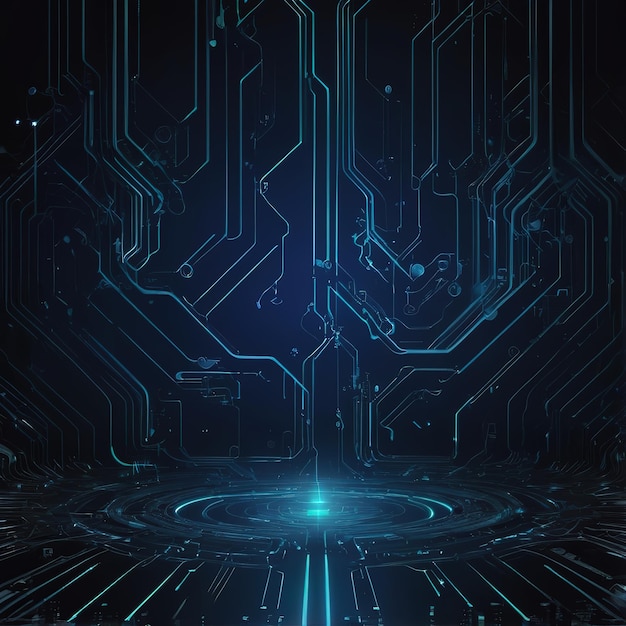 a blue and black background with a digital image of a circuit board