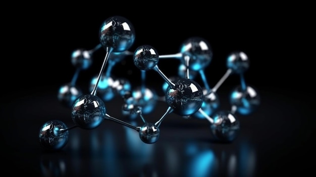 A blue and black background with a molecular structure.