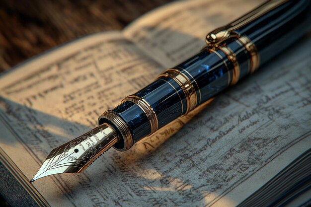 a blue and black fountain pen is laying on a page with a gold band