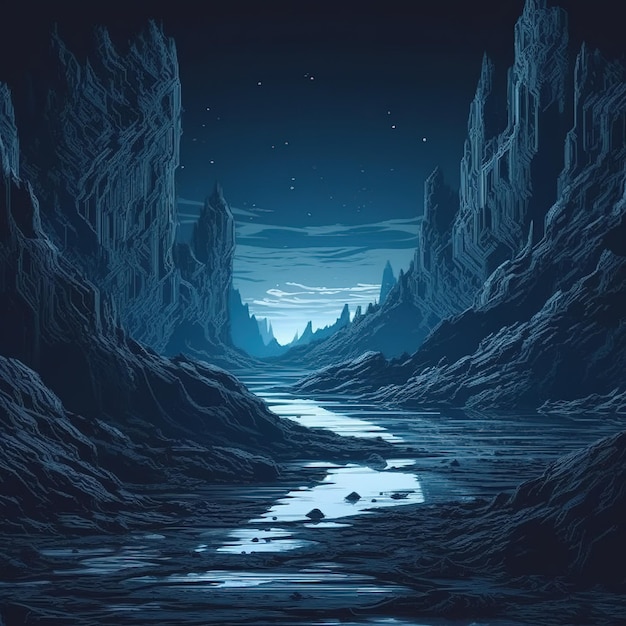 A blue and black illustration of a river with mountains in the background.