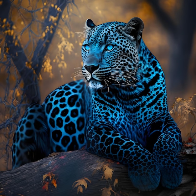 A blue and black jaguar is on a branch in the woods.