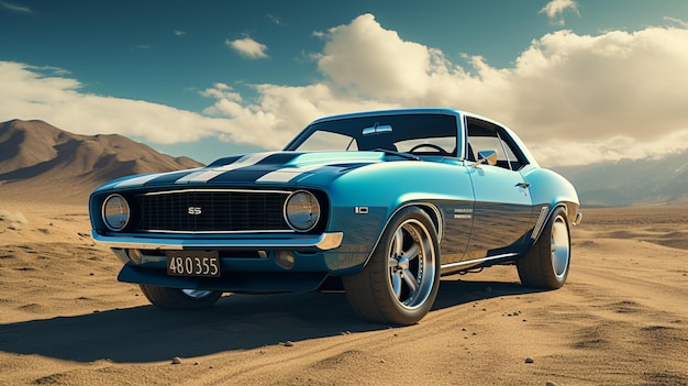 A blue and black muscle car with sand field