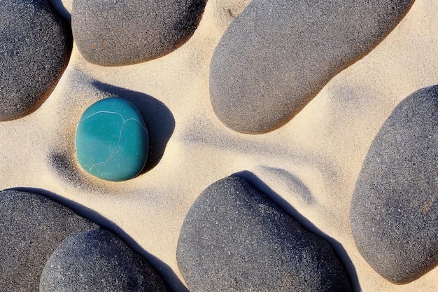 Blue and black pebble stones on sand top view