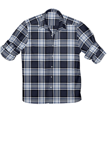 A blue and black plaid shirt with a white background