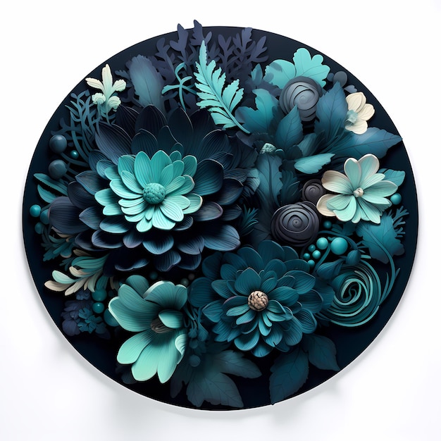 a blue and black plate with flowers on it