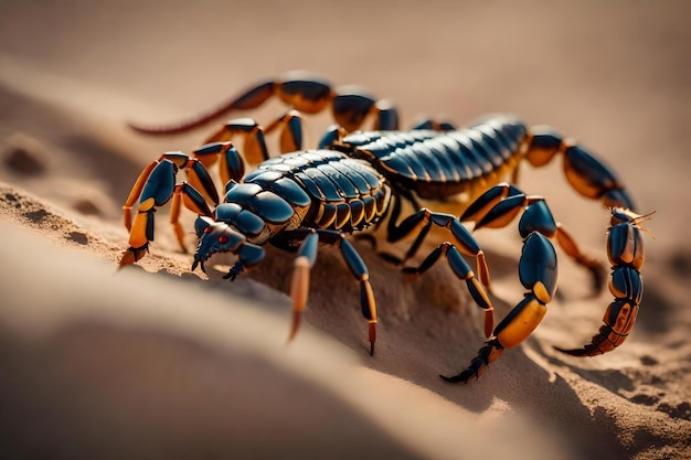 A blue and black scorpion sits on a piece of sand.