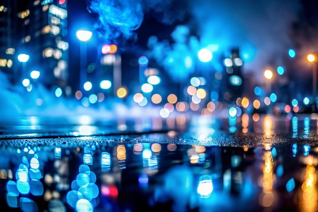 Photo blue blurred background of the night sky reflection of the lights of the night city on the pavement smoke fog smog