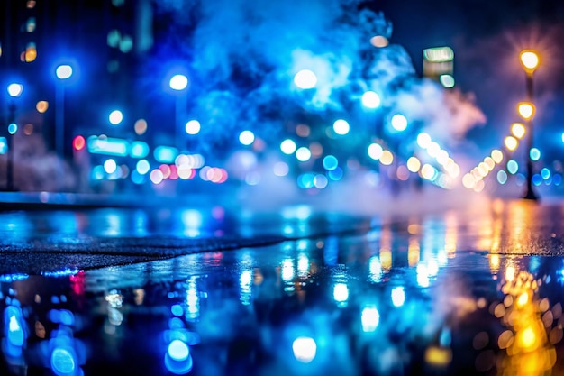 Blue blurred background of the night sky reflection of the lights of the night city on the pavement Smoke fog smog