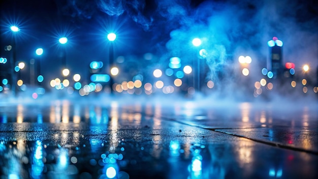 Blue blurred background of the night sky reflection of the lights of the night city on the pavement Smoke fog smog