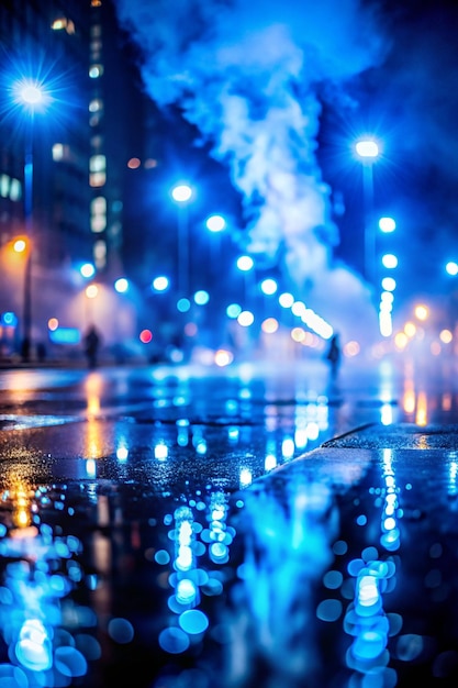 Photo blue blurred background of the night sky reflection of the lights of the night city on the pavement smoke fog smog