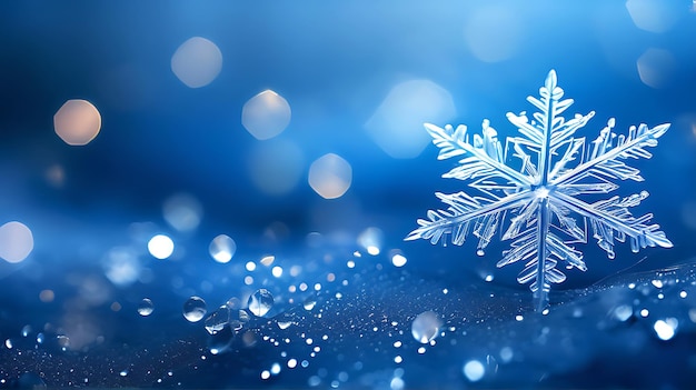 Blue Blurred Background with Delicate Snowflake