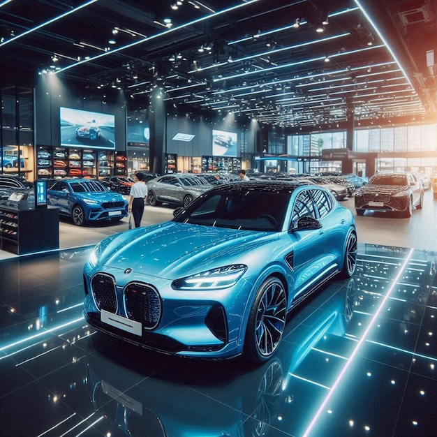 a blue bmw car is on display in a showroom