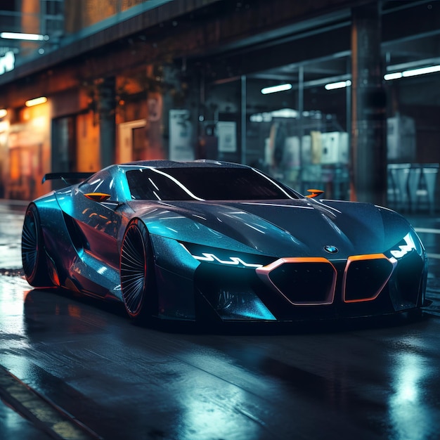 A blue bmw sports car is on a wet road.