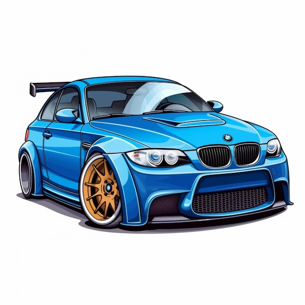 A blue bmw with a yellow license plate.