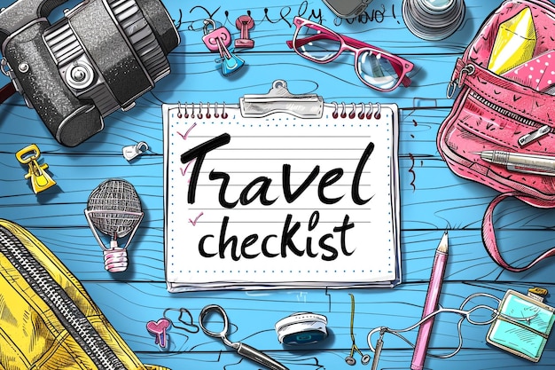 a blue board with a note that says travel checklist