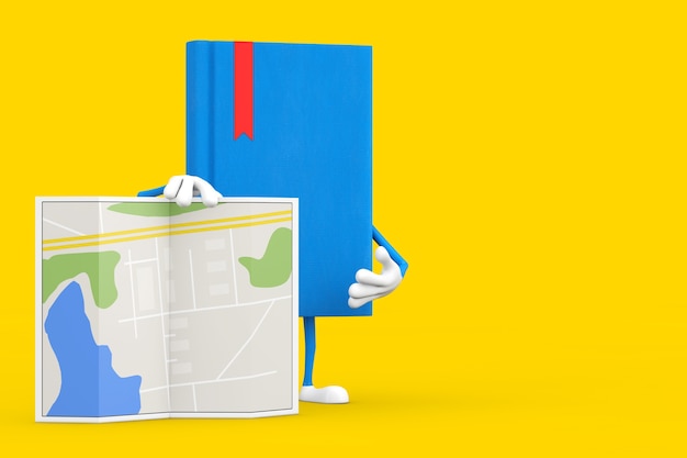 Photo blue book character mascot with abstract plan map on a yellow background. 3d rendering