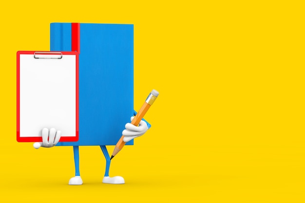 Blue Book Character Mascot with Red Plastic Clipboard, Paper and Pencil on a yellow background. 3d Rendering