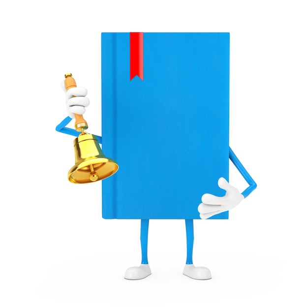 Blue Book Character Mascot with Vintage Golden School Bell on a white background. 3d Rendering