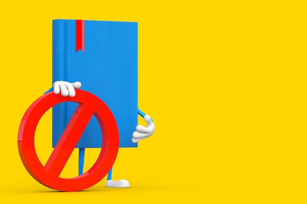 Blue Book Person Character Mascot with Red Prohibition or Forbidden Sign on a yellow background. 3d Rendering