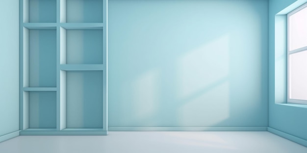 A blue bookshelf in a room with a window