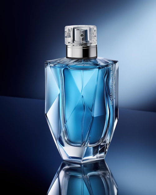 A blue bottle of perfume with a blue background.