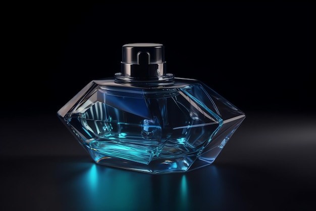 A blue bottle of perfume with a silver cap on the side.