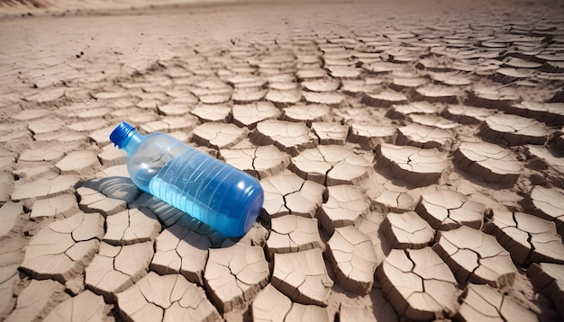 a blue bottle of water sits on a cracked floor