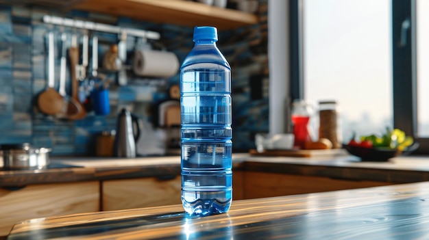 a blue bottle of water sits on a table in front of a window