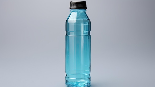 A blue bottle of water with a black cap.