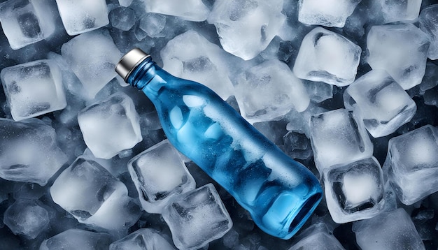 a blue bottle of water with a silver top sits in a pile of ice