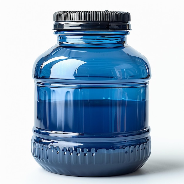 a blue bottle with a black cap is sitting on a white background