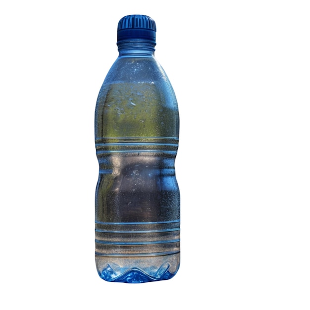 a blue bottle with a blue cap sits against a white background